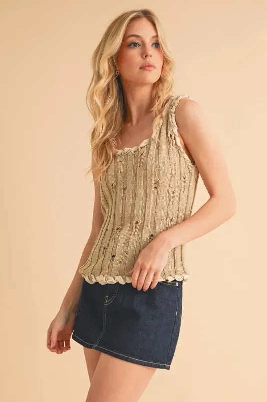 Aemi Co Distressed Detail Round Neck Knit Tank