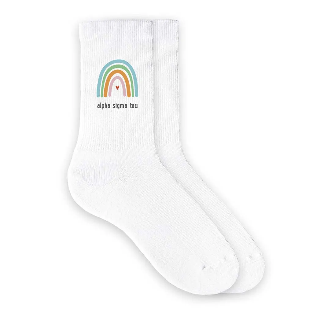 Alpha Sigma Tau Sorority Crew Socks with Rainbow Design