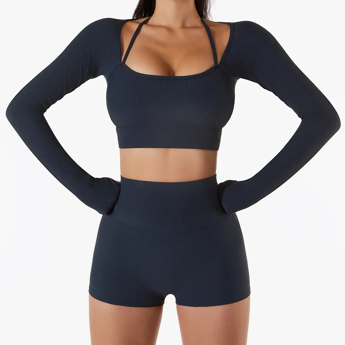 Ami Ribbed Long Sleeve Strappy Thumbhole Cropped Top