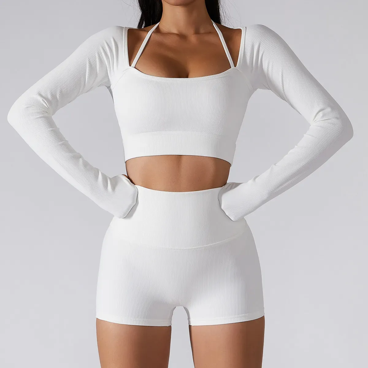 Ami Ribbed Long Sleeve Strappy Thumbhole Cropped Top
