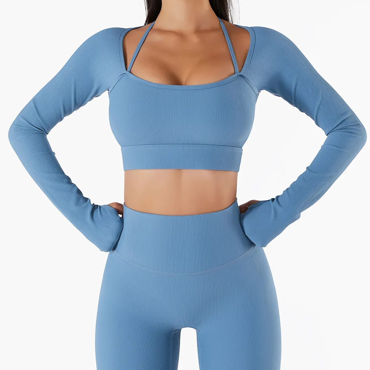 Ami Ribbed Long Sleeve Strappy Thumbhole Cropped Top