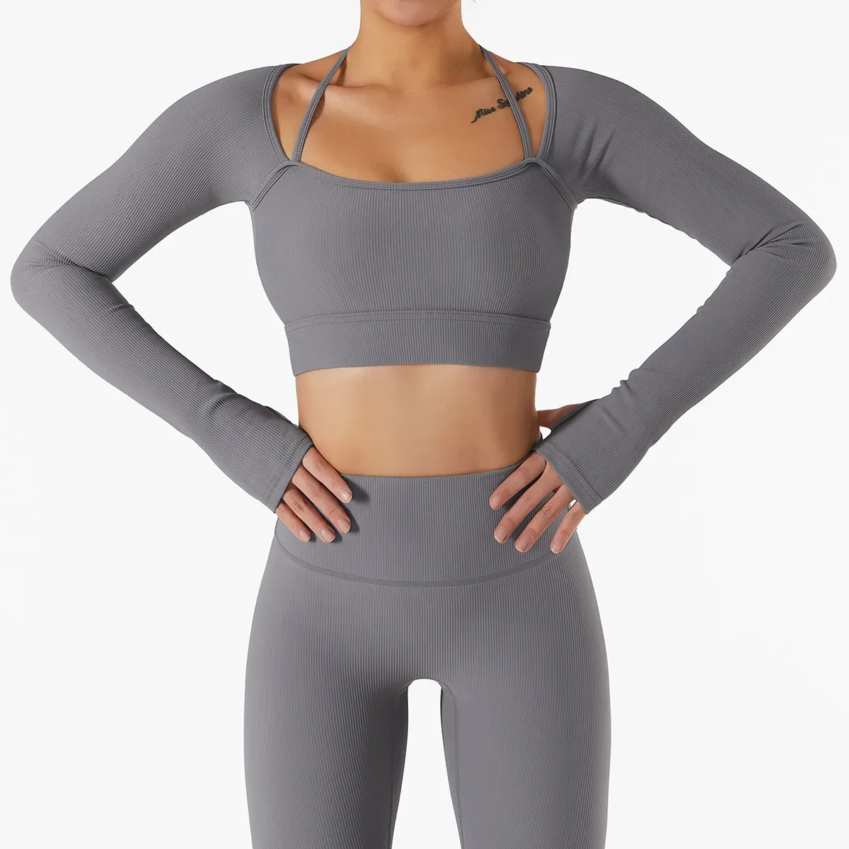 Ami Ribbed Long Sleeve Strappy Thumbhole Cropped Top