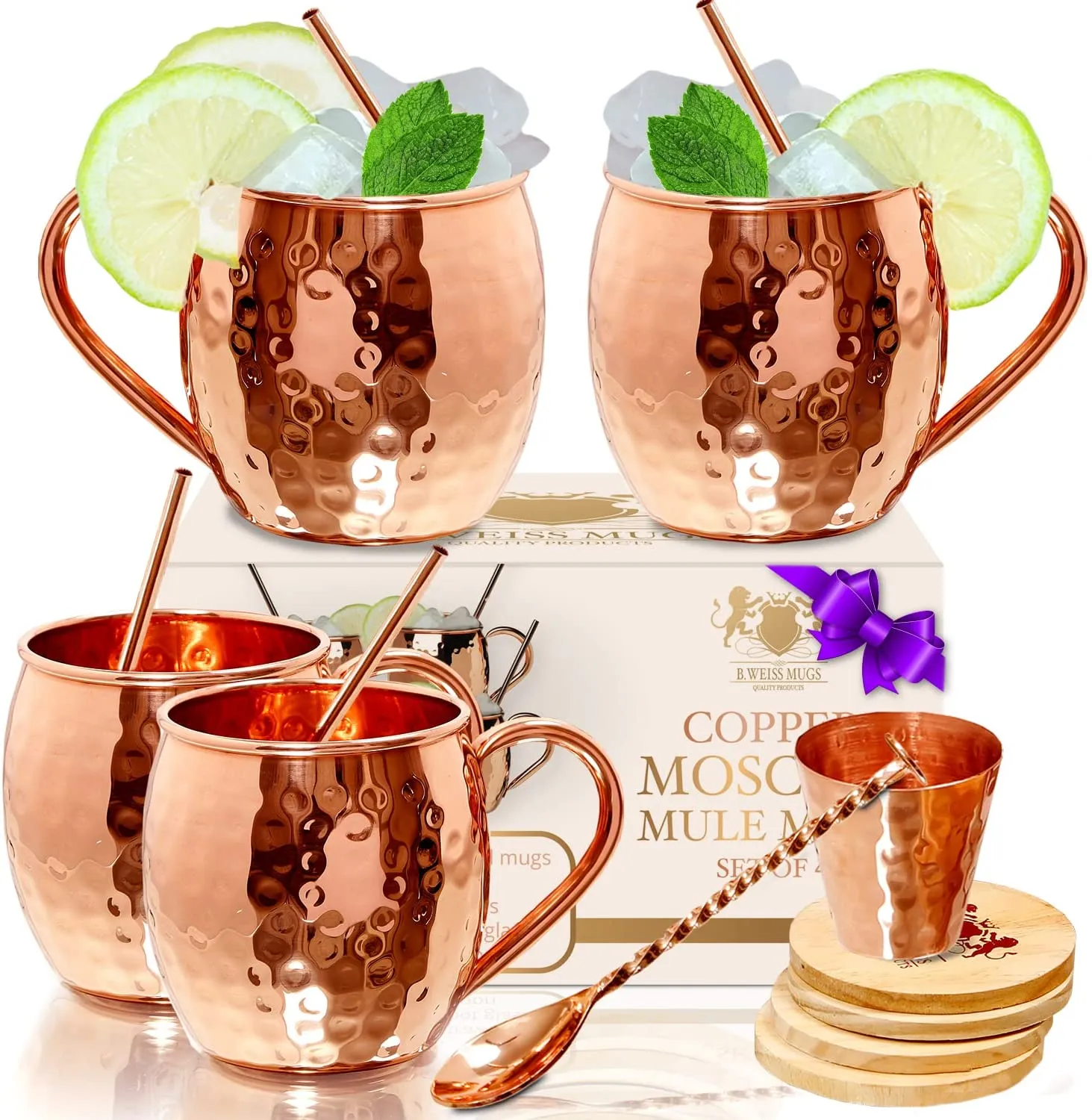 B. WEISS Moscow Mule Copper Mugs 100% Pure Copper, Premium Quality Set Of 4 Copper Mugs 16 Oz Solid Copper cups JIGGER STRAWS COASTERS SPOON -HANDCRAFTED- Food Safe- Gift Set