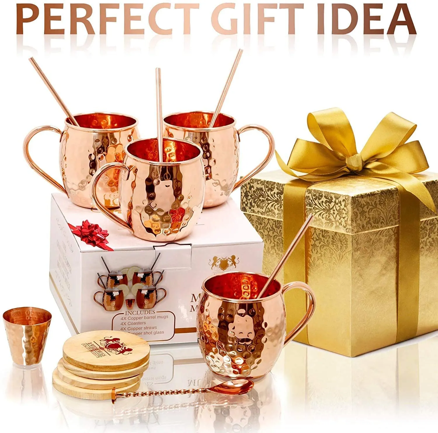 B. WEISS Moscow Mule Copper Mugs 100% Pure Copper, Premium Quality Set Of 4 Copper Mugs 16 Oz Solid Copper cups JIGGER STRAWS COASTERS SPOON -HANDCRAFTED- Food Safe- Gift Set