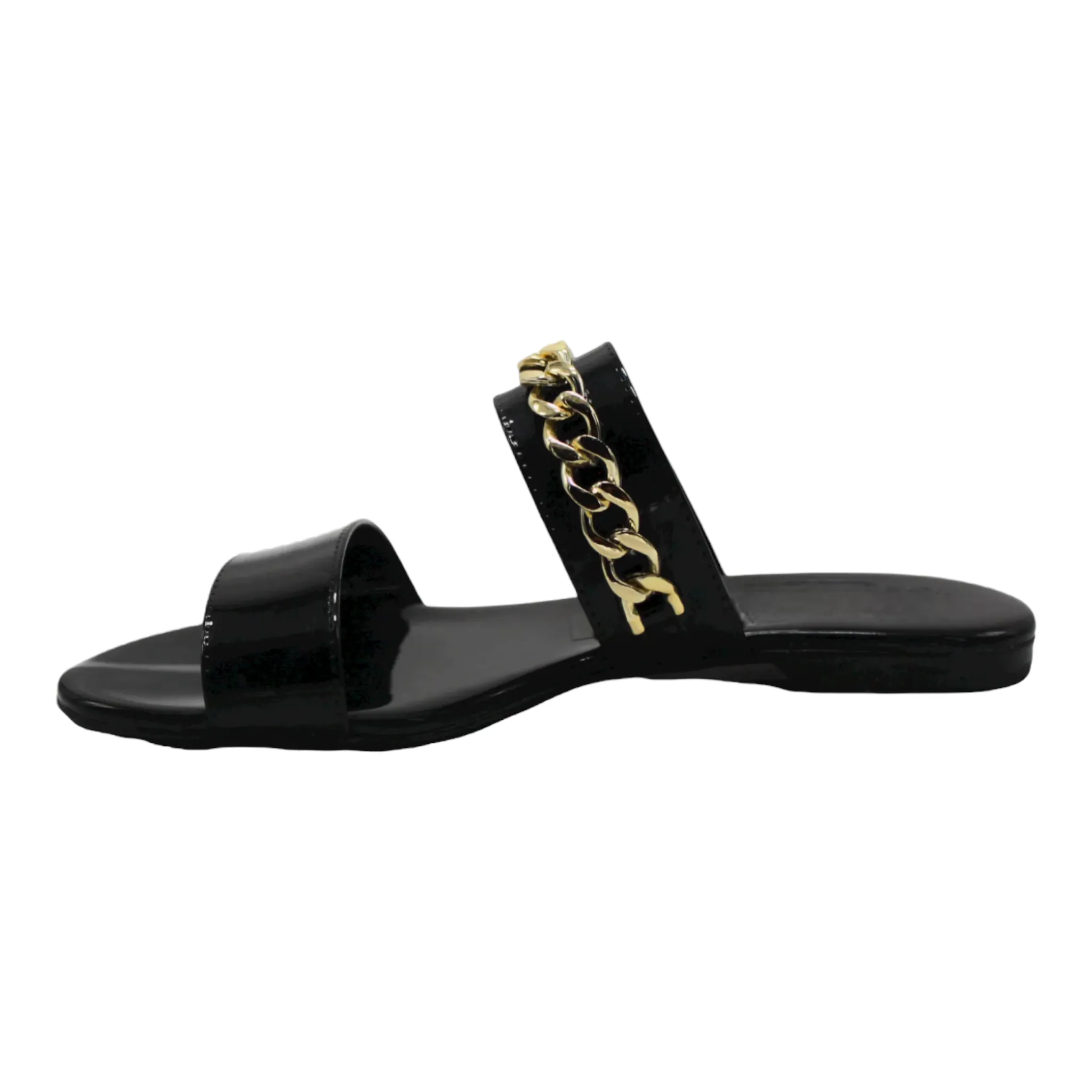 Black and Gold Chain Slip On Flat Sandals