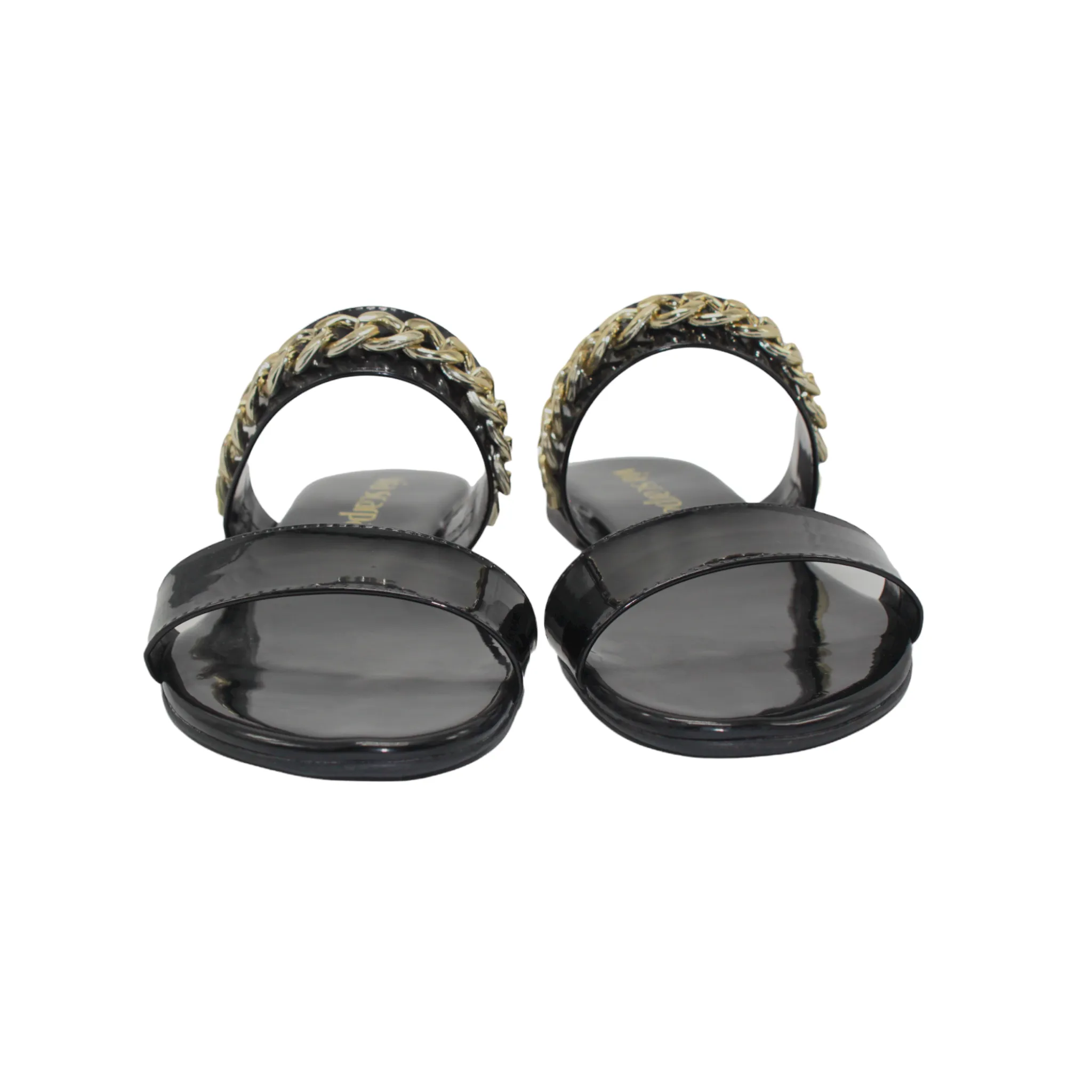 Black and Gold Chain Slip On Flat Sandals