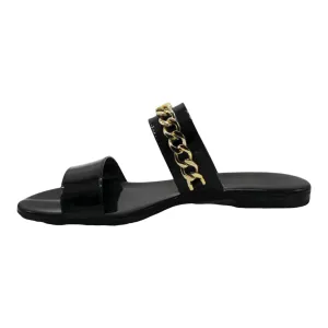 Black and Gold Chain Slip On Flat Sandals