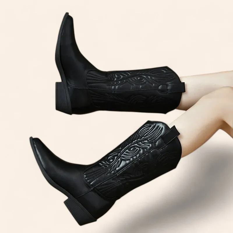 Black cowboy boots with embossed embroidery - N°28