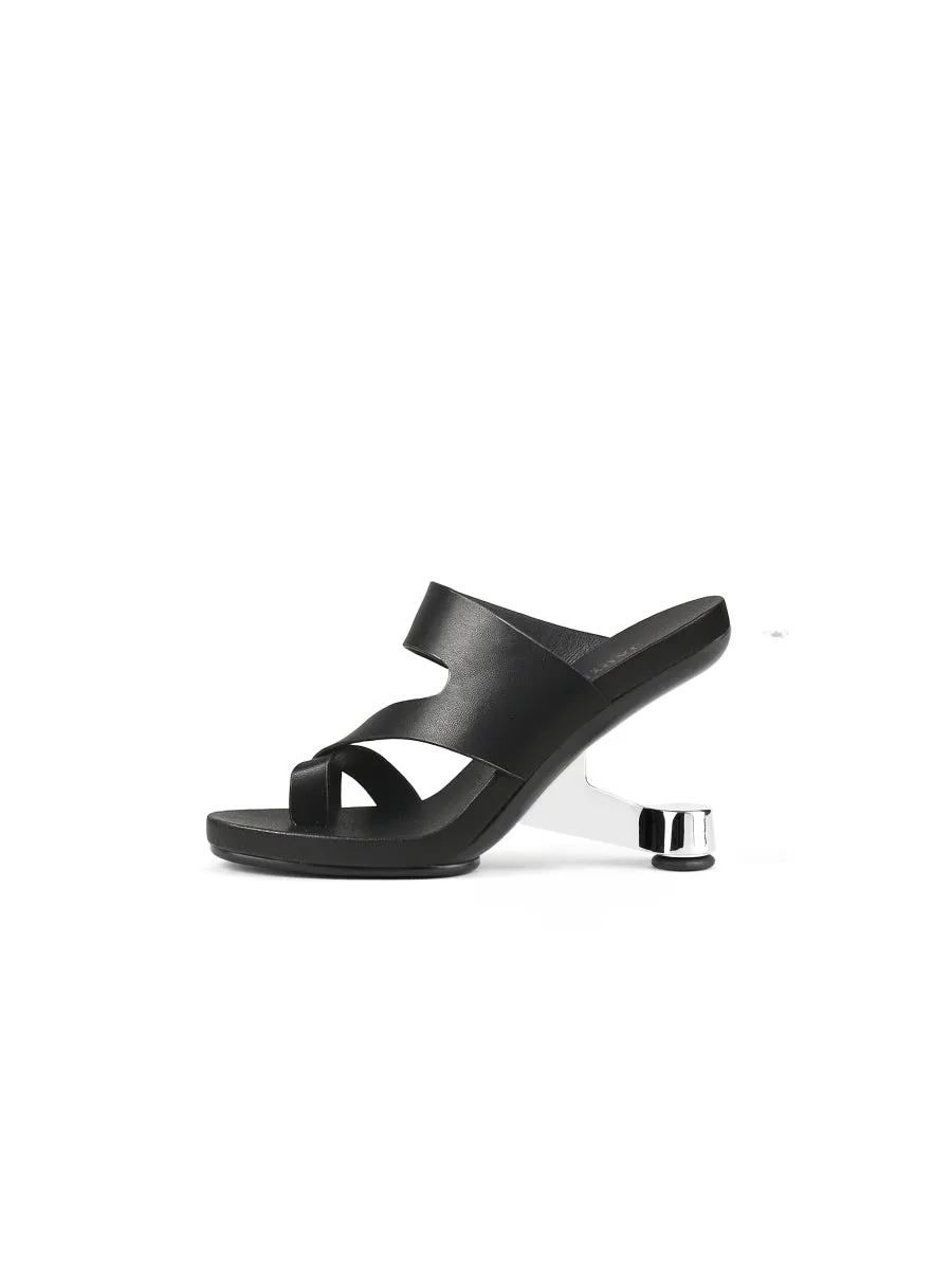 Black Criss-Cross Toe Elevator Heel Leather Slides