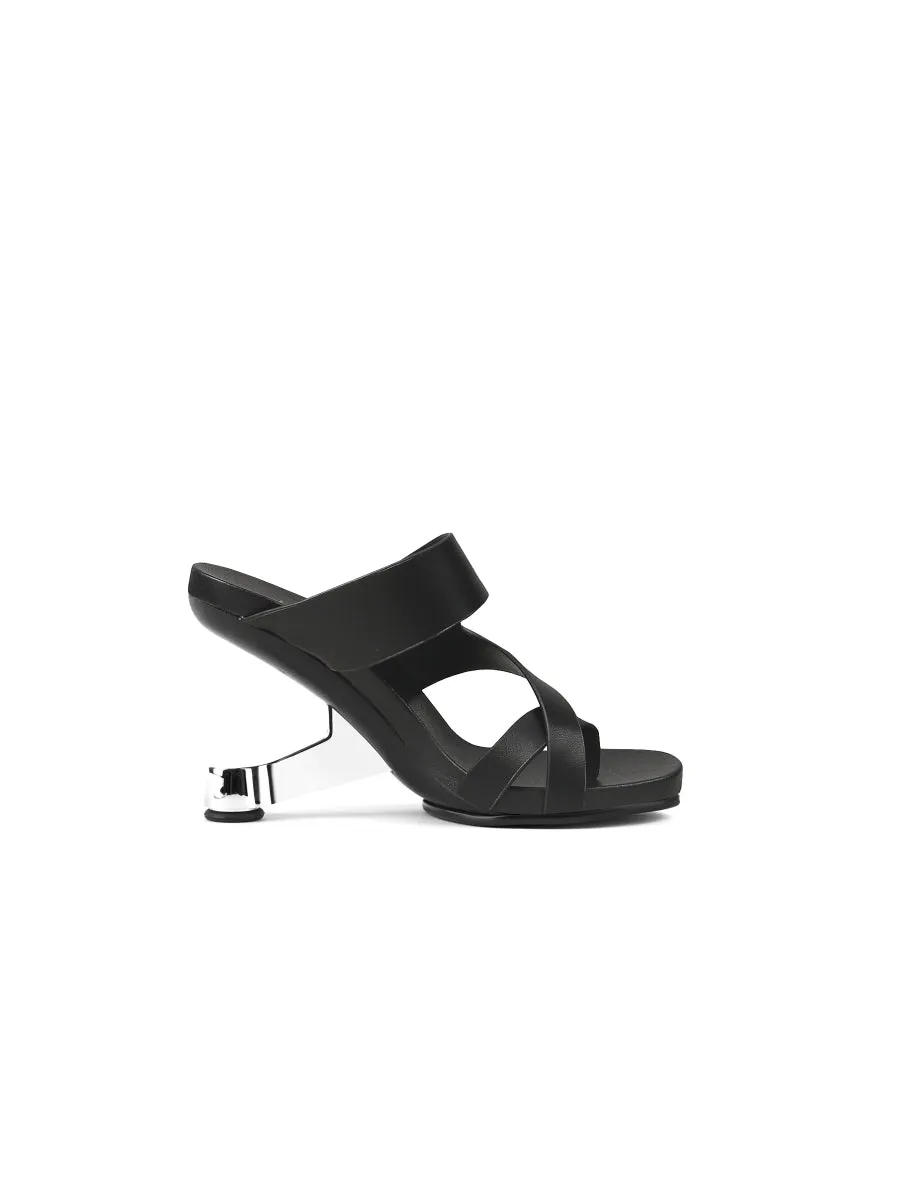 Black Criss-Cross Toe Elevator Heel Leather Slides