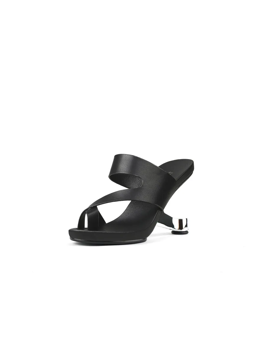 Black Criss-Cross Toe Elevator Heel Leather Slides