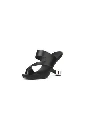 Black Criss-Cross Toe Elevator Heel Leather Slides