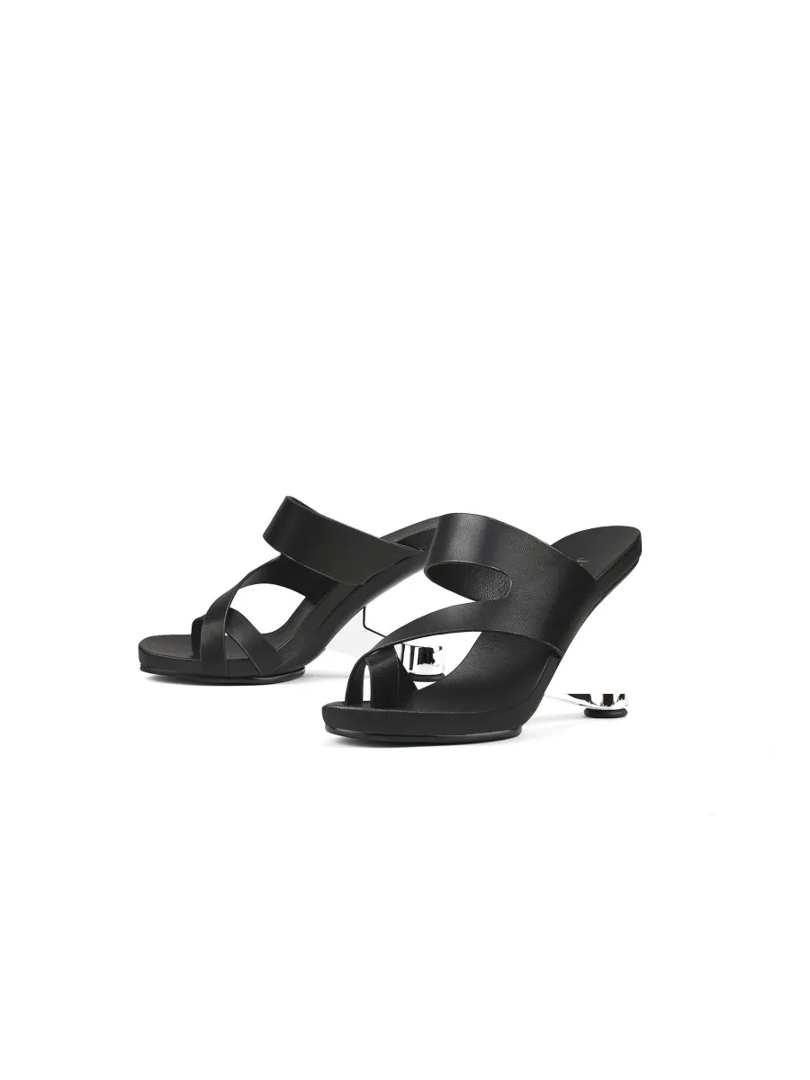 Black Criss-Cross Toe Elevator Heel Leather Slides
