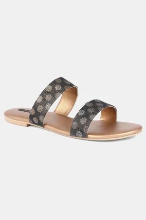 Black Gold Almond Toe Self Design Flat - Zkailyn
