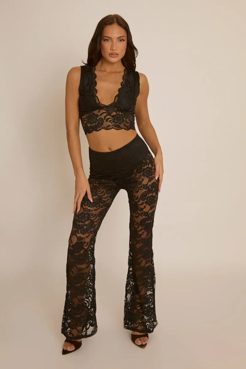 Black Lace Top and Kick flare Trouser Co-Ord Set - Uma