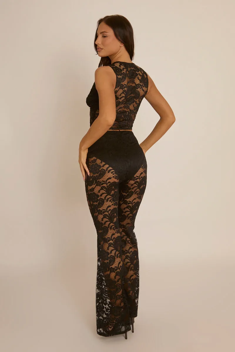 Black Lace Top and Kick flare Trouser Co-Ord Set - Uma
