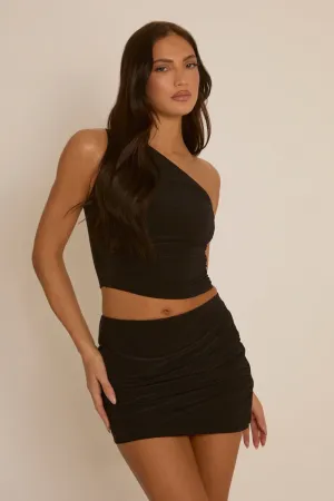 Black Slinky Ruched One Shoulder Top & Mini Skirt Set - Cassie