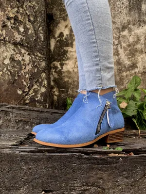 Blue Side Zipper Low Ankle Boot