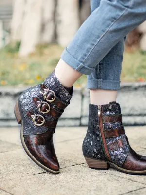 Bronze Color Block Low Heel Western Genuine Leather Boots Ankle Boots