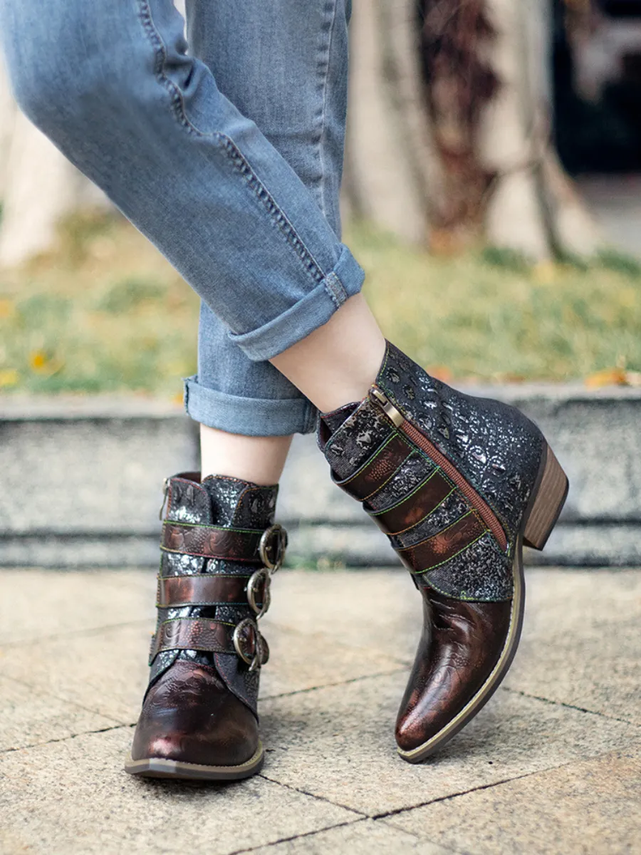 Bronze Color Block Low Heel Western Genuine Leather Boots Ankle Boots