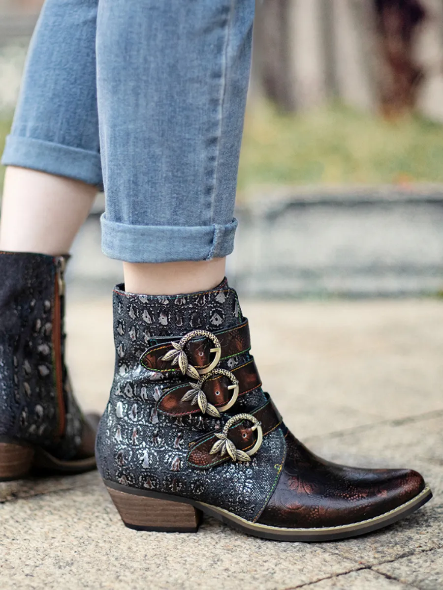 Bronze Color Block Low Heel Western Genuine Leather Boots Ankle Boots