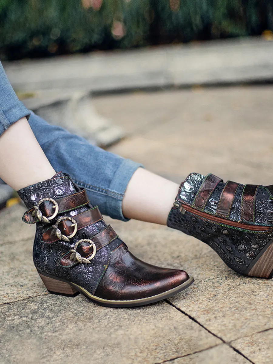 Bronze Color Block Low Heel Western Genuine Leather Boots Ankle Boots