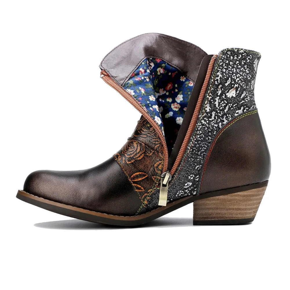 Bronze Color Block Low Heel Western Genuine Leather Boots Ankle Boots