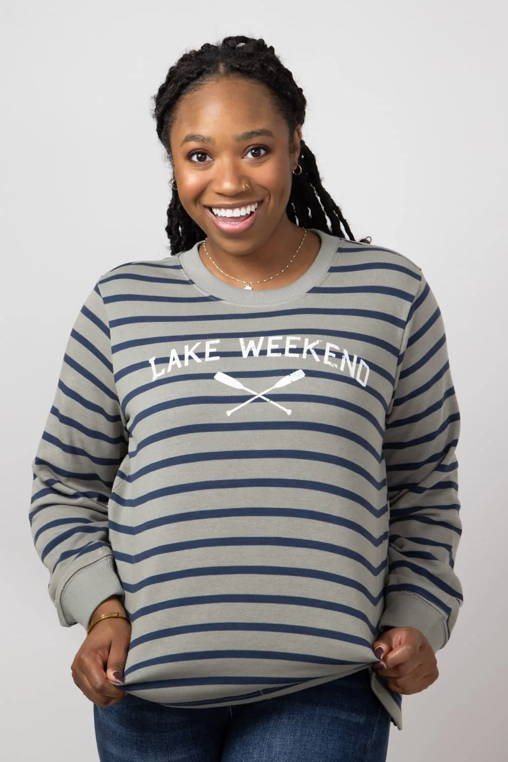 C&C California Bee Striped Lake Weekend Sweatshirt for Women in Vetiver | 89B02974T-Z331-VETIVER