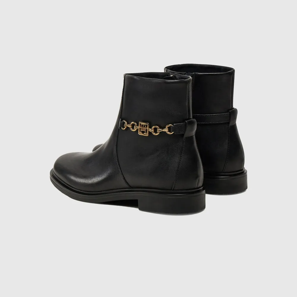 Chain Leather Low Bootie - Black