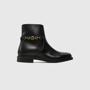 Chain Leather Low Bootie - Black