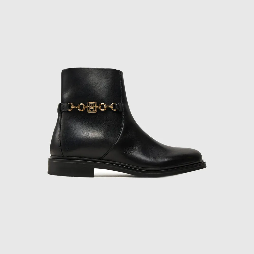 Chain Leather Low Bootie - Black