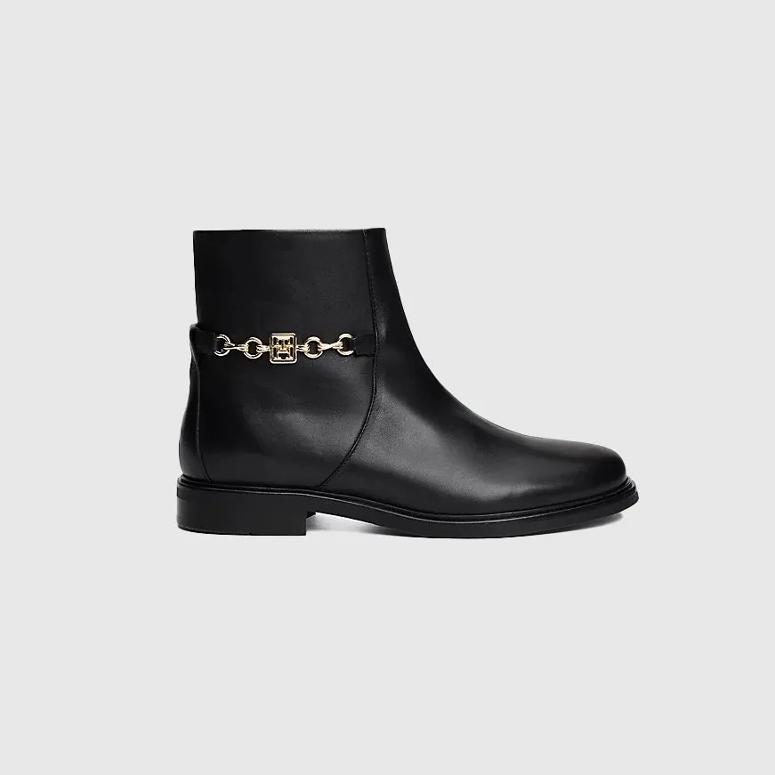 Chain Leather Low Bootie - Black