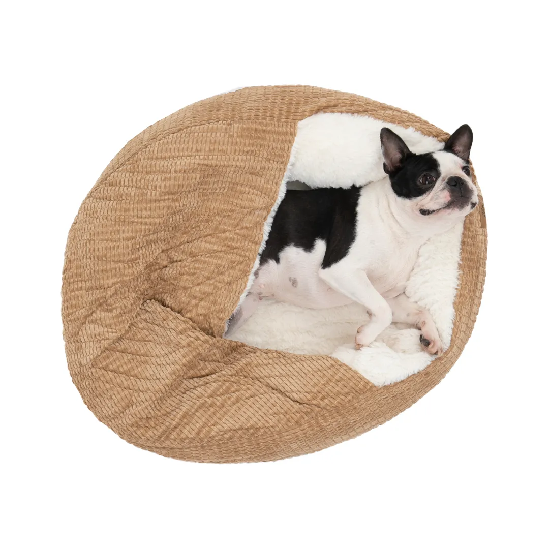 Charlie's Snookie Hooded Corduroy Calming Dog Bed Terracotta Large