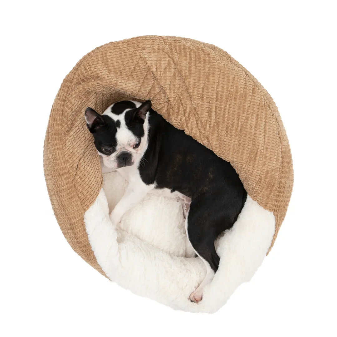 Charlie's Snookie Hooded Corduroy Calming Dog Bed Terracotta Large