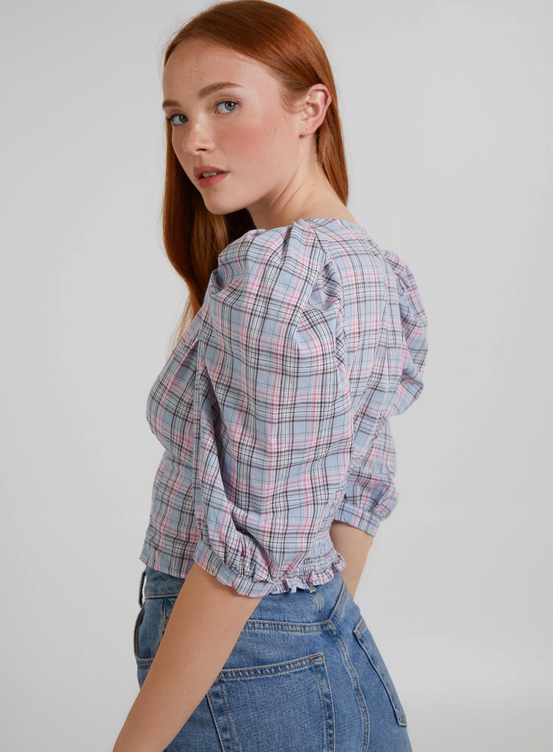 Check Puff Sleeve Crop Top