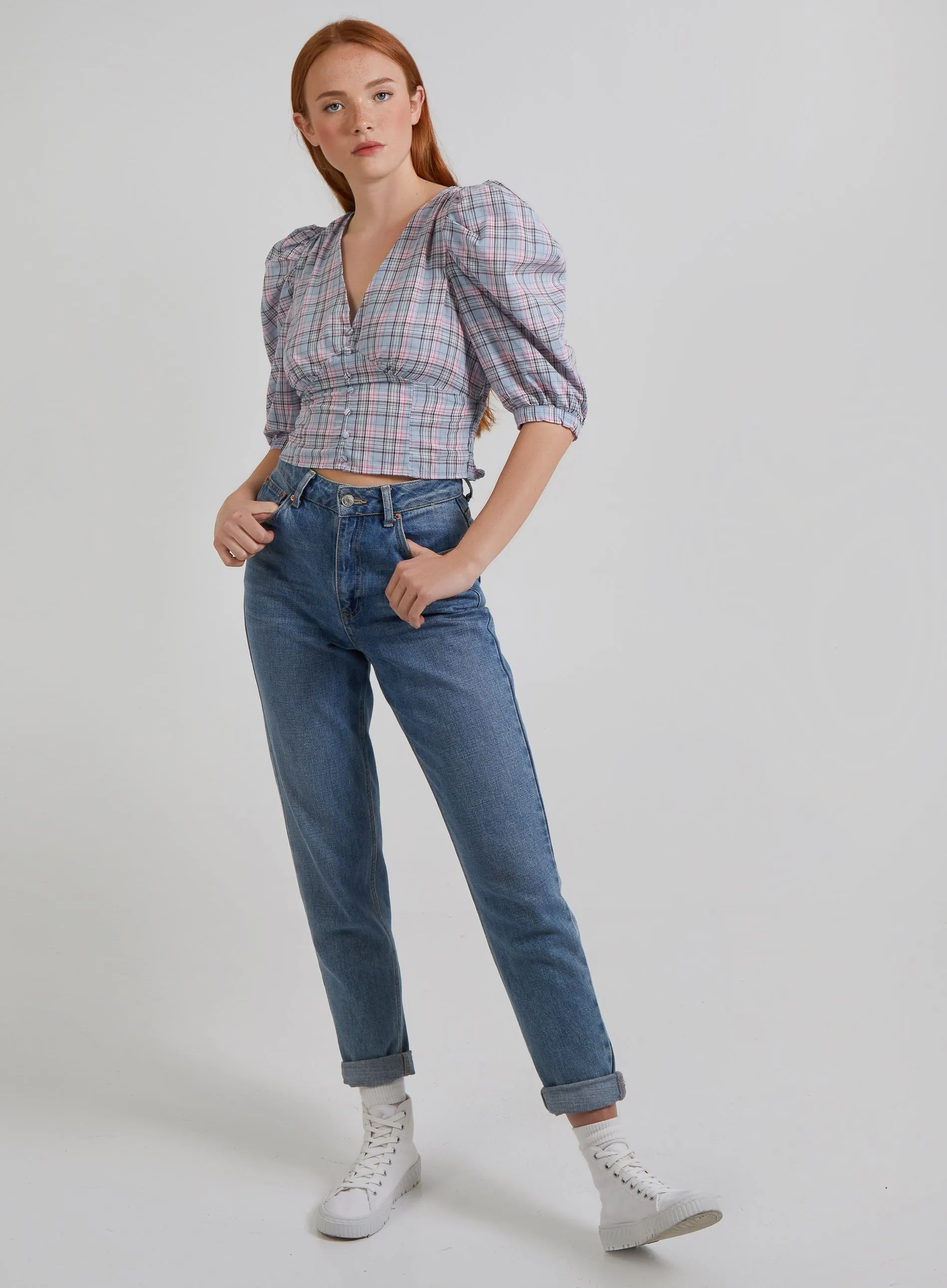Check Puff Sleeve Crop Top
