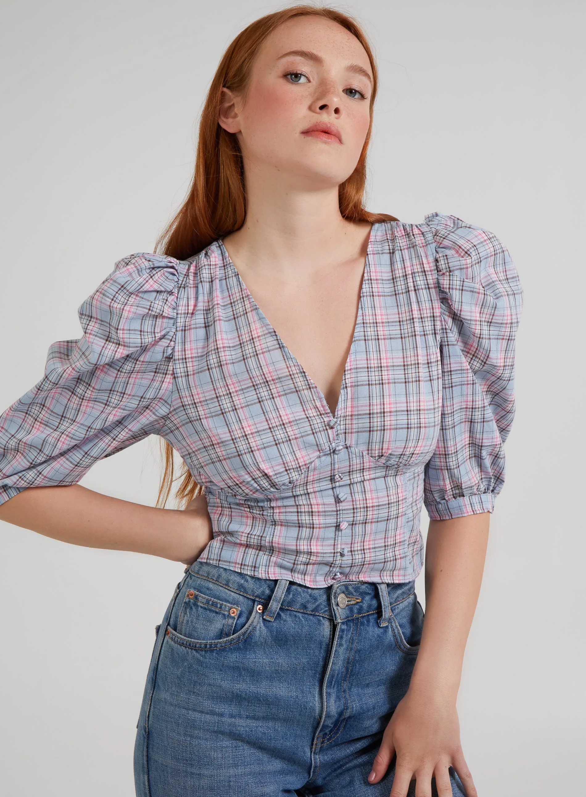 Check Puff Sleeve Crop Top