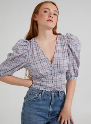 Check Puff Sleeve Crop Top