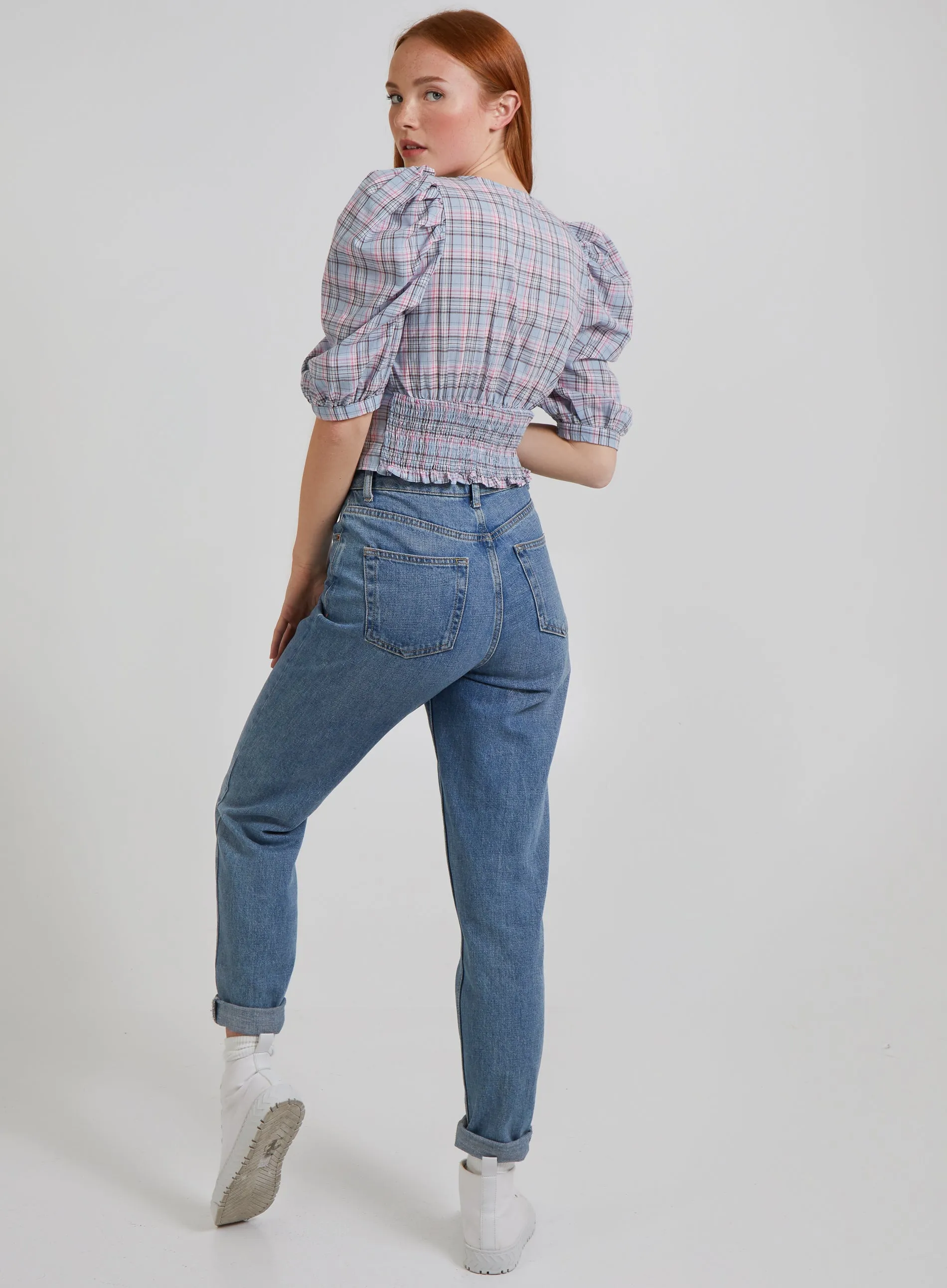 Check Puff Sleeve Crop Top