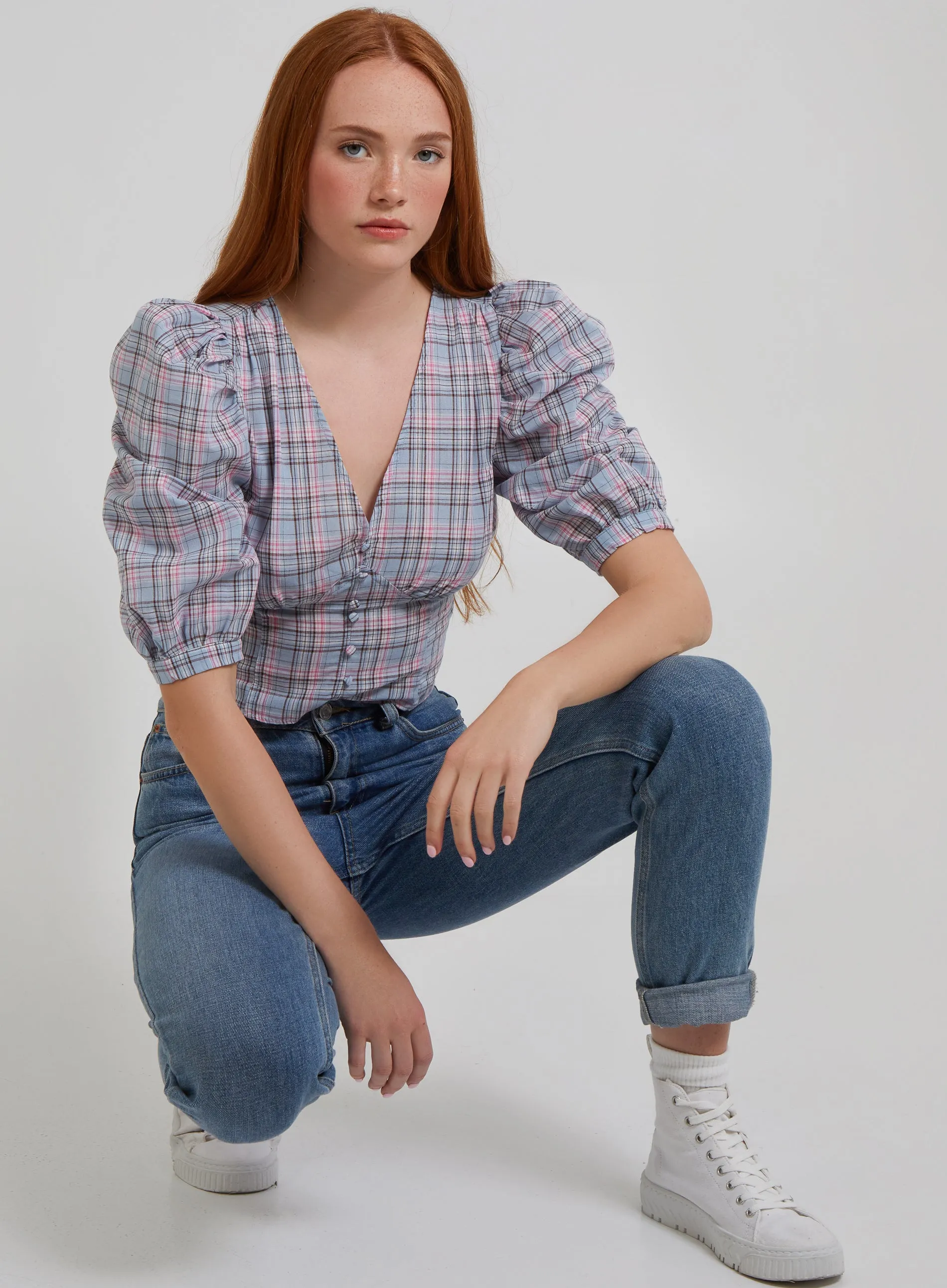 Check Puff Sleeve Crop Top