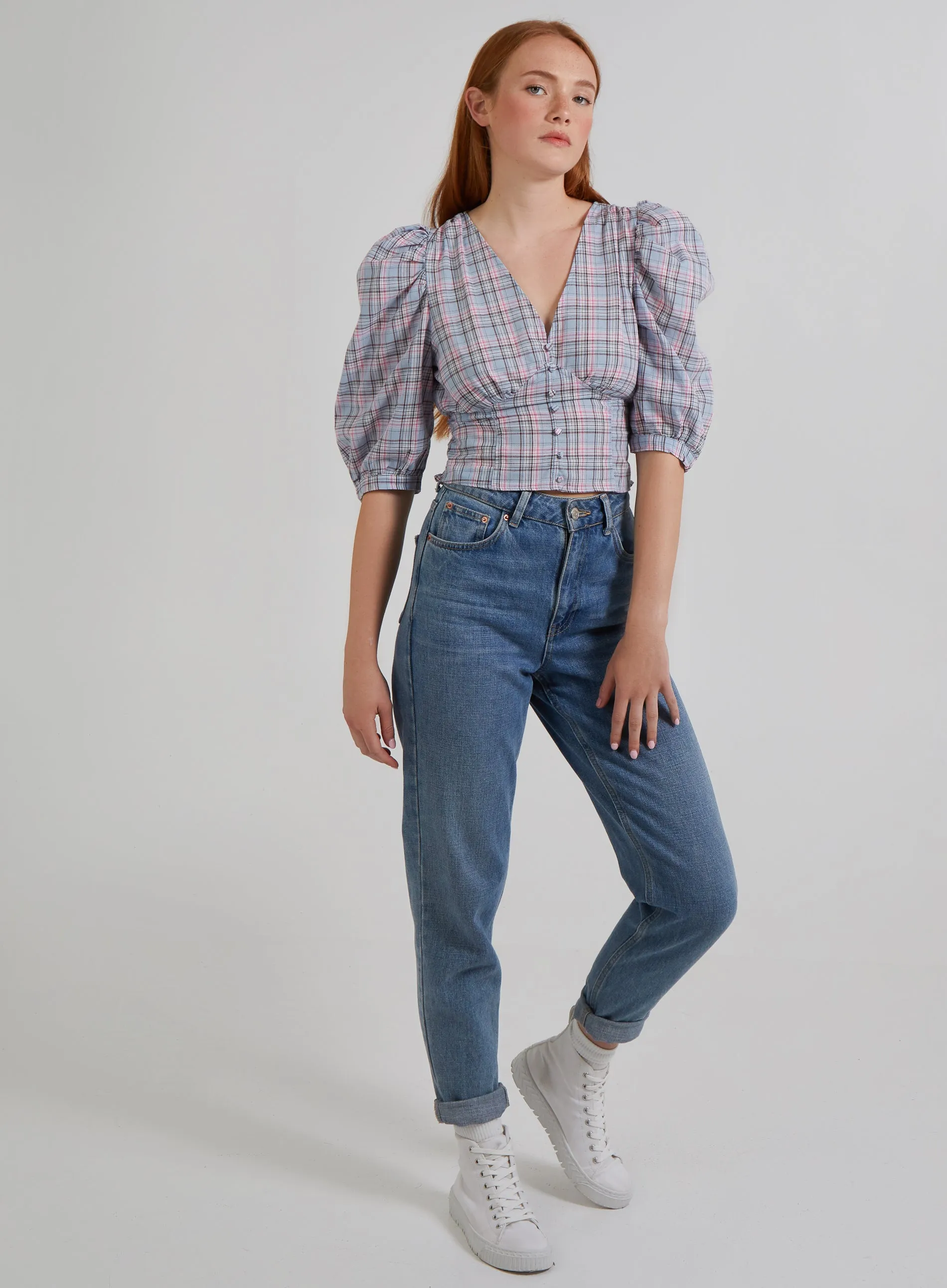 Check Puff Sleeve Crop Top