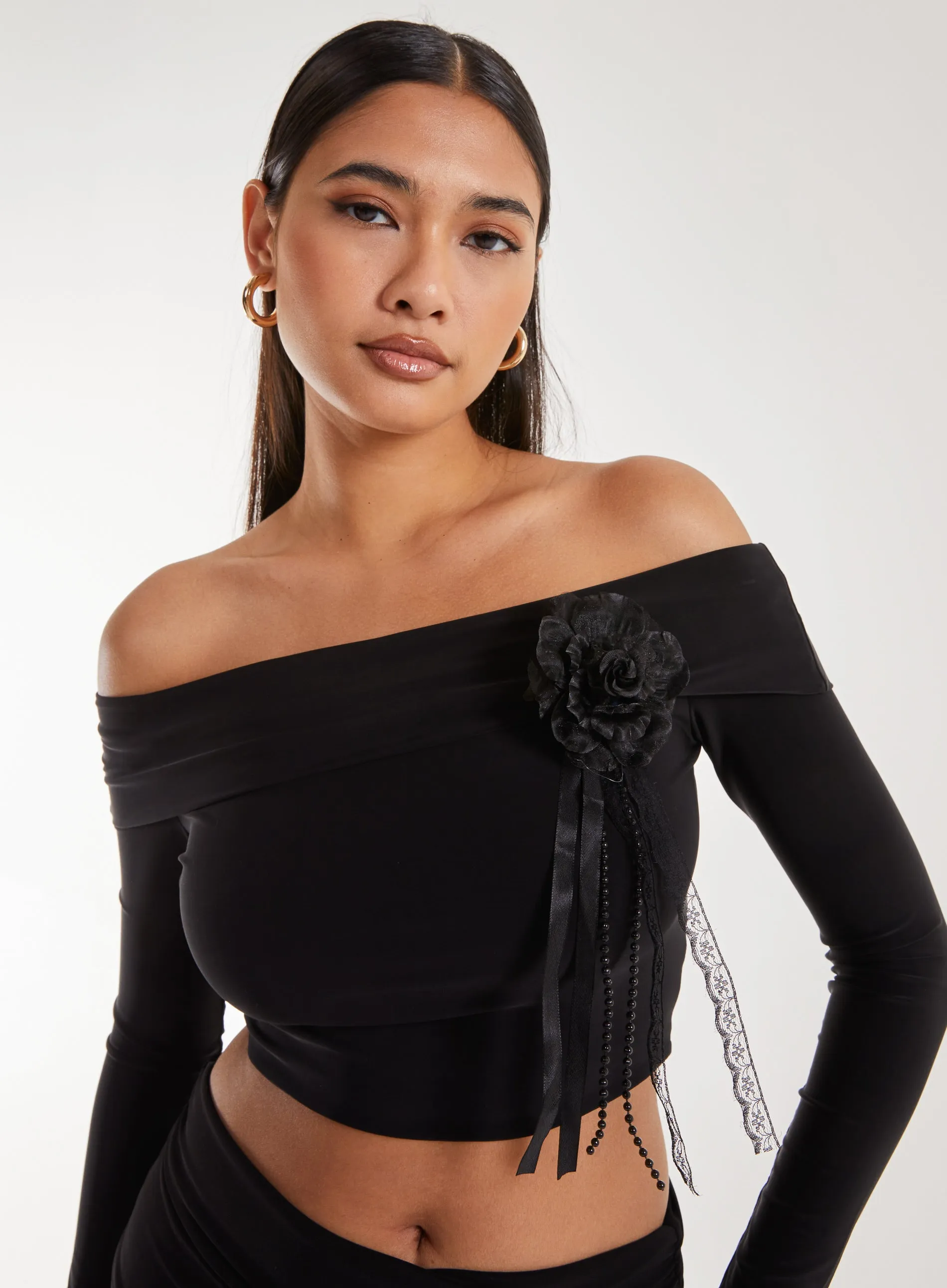 Corsage Detail Bardot Long Sleeve Top