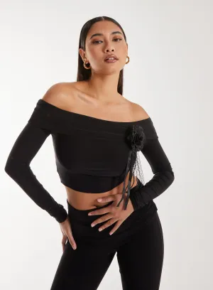 Corsage Detail Bardot Long Sleeve Top