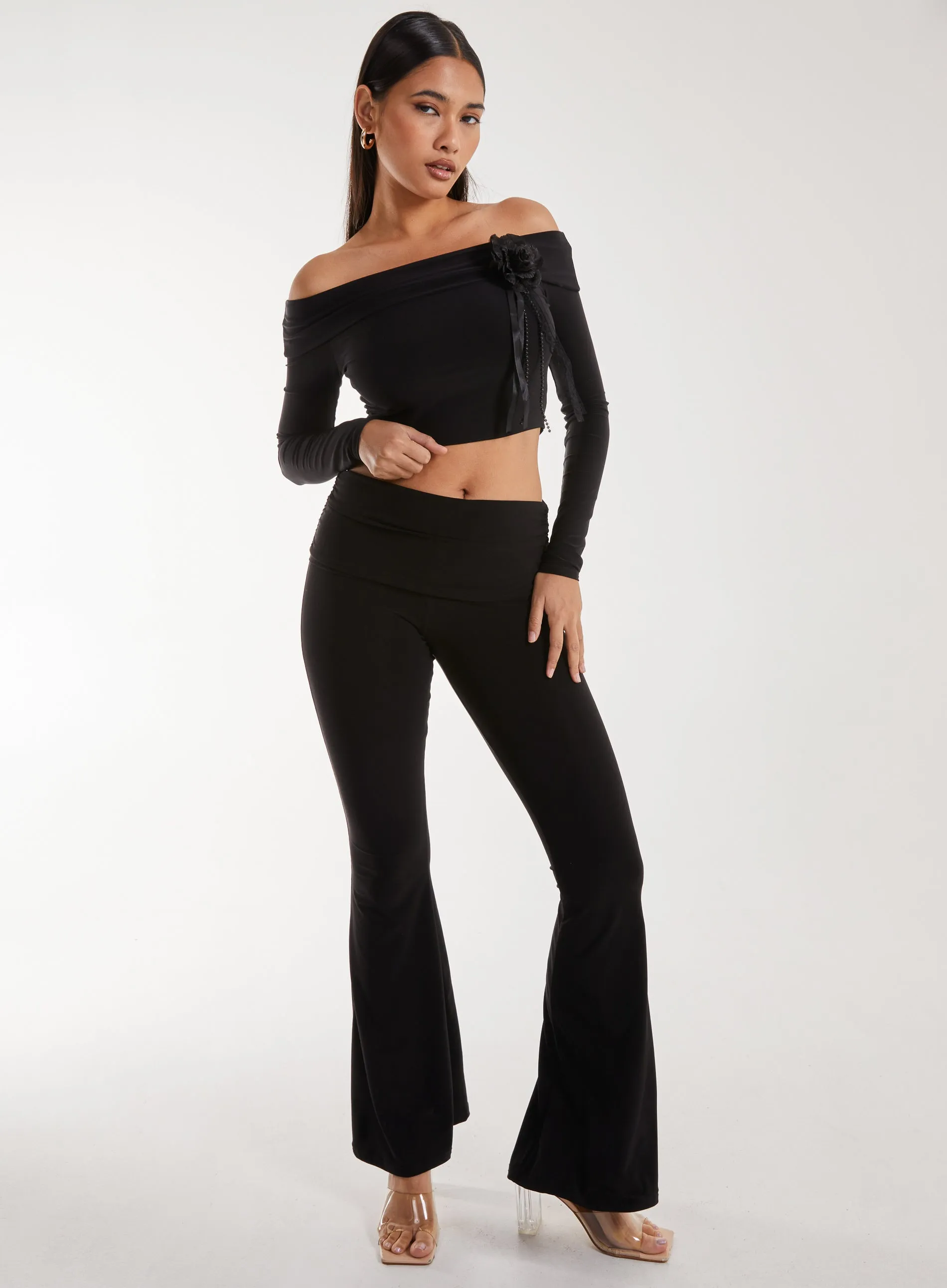 Corsage Detail Bardot Long Sleeve Top