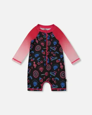 Deux Par Deux Long Sleeve One-Piece Rashgaurd - Neon