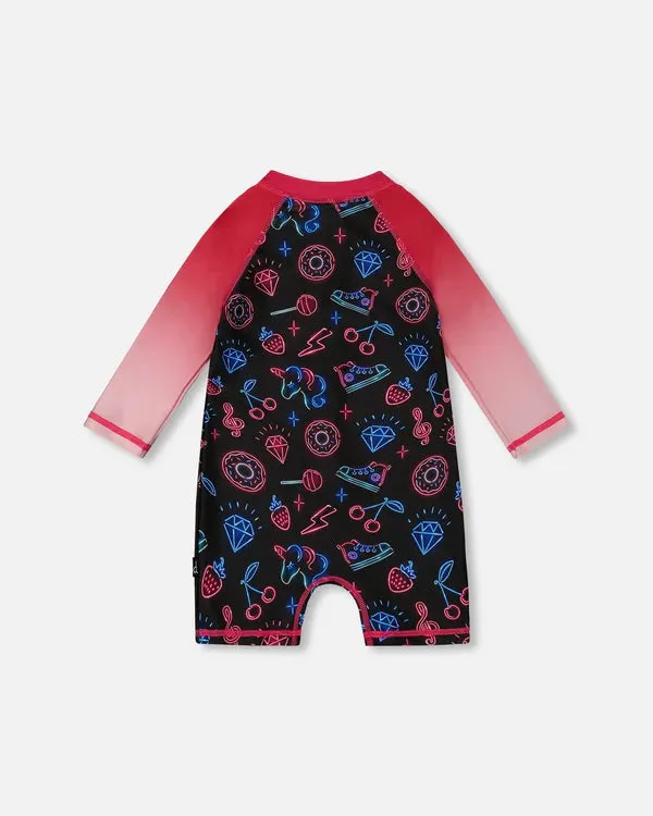 Deux Par Deux Long Sleeve One-Piece Rashgaurd - Neon
