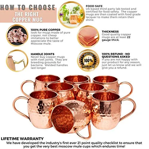 [Gift Set] Mule Science Moscow Mule Mugs Set of 8 (16oz) | Solid Barrel 100% Copper Mugs Set w/ 8 Straws, 8 Coasters & 1 Shot Glass | Handcrafted Tarnish-Resistant Food Grade Lacquer Coat