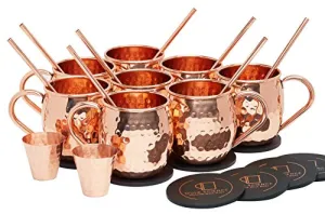 [Gift Set] Mule Science Moscow Mule Mugs Set of 8 (16oz) | Solid Barrel 100% Copper Mugs Set w/ 8 Straws, 8 Coasters & 1 Shot Glass | Handcrafted Tarnish-Resistant Food Grade Lacquer Coat