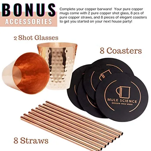 [Gift Set] Mule Science Moscow Mule Mugs Set of 8 (16oz) | Solid Barrel 100% Copper Mugs Set w/ 8 Straws, 8 Coasters & 1 Shot Glass | Handcrafted Tarnish-Resistant Food Grade Lacquer Coat