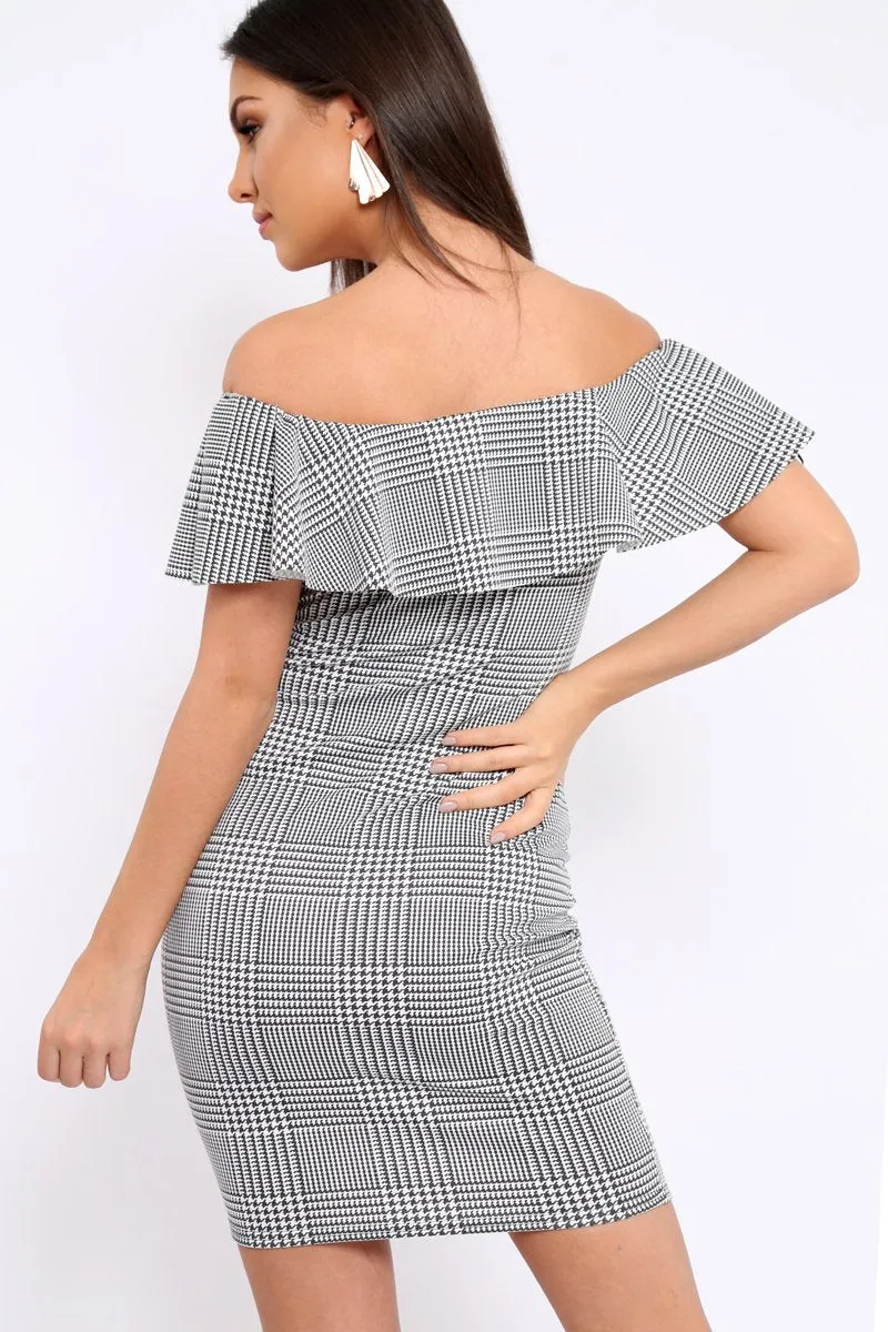 Houndstooth Bardot Ruffle Bodycon Dress - Adrina